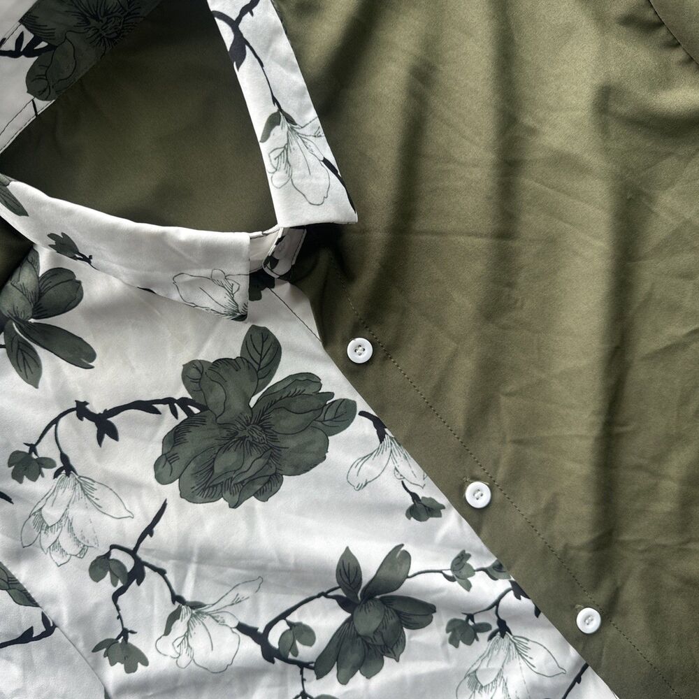SHEIN Men’s Split Design Button-Up Shirt – Green & White Floral (Size L)